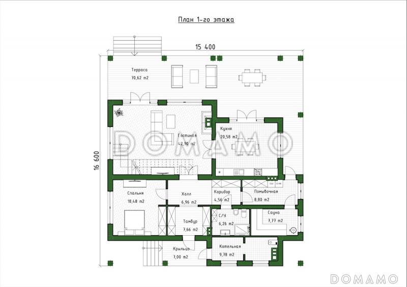 Проект дома с мансардой, вторым светом, балконом и крытой террасой / План 1 этажа