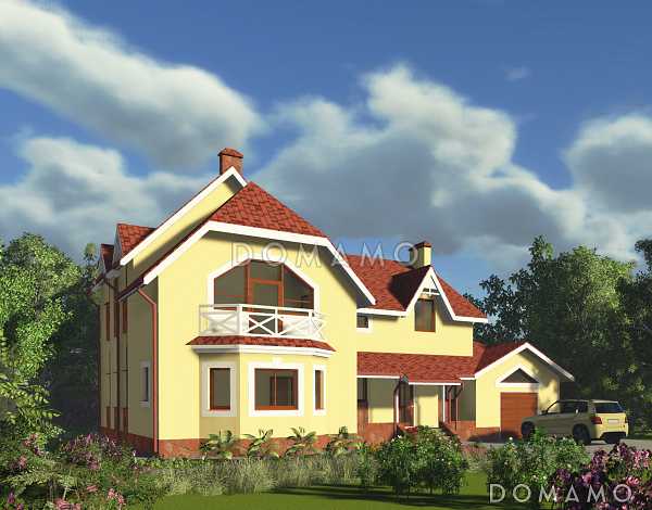 Проект дома с мансардным этажом, пристроенным гаражом и двумя балконами