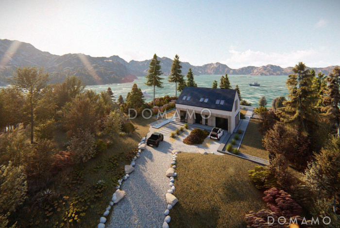 Проект мансардного дома с гаражом, панорамным остеклением, просторной кухонной зоной, прачечной