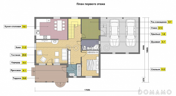 Проект каркасного дома с угловой террасой и просторныб балконом на мансардном этаже / План 1 этажа