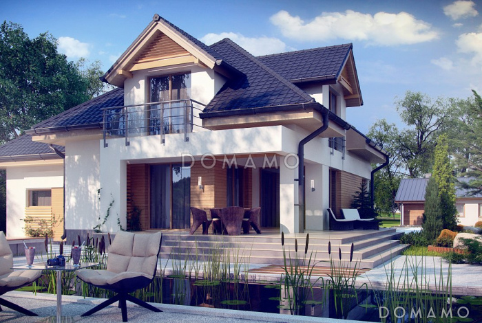 Проект дома с гаражом, просторной гостиной, французскими балконами, чердаком