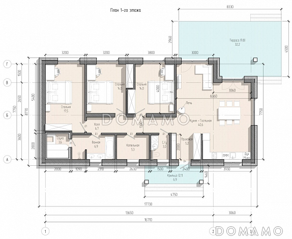 Проект дома с 3 спальнями, сауной и печью в кухне-гостиной / План 1 этажа