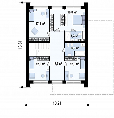 Проект загородного дома с панорамным остеклением, кабинетом, просторной гостиной, гаражом на 2 машины / План мансардного этажа