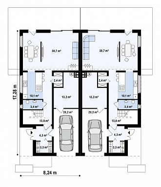 Проект мансардных домов-близнецов из газобетона современного дизайна с гаражом и террасой на втором этаже / План 1 этажа