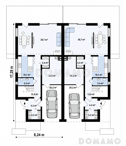 Проект мансардных домов-близнецов из газобетона современного дизайна с гаражом и террасой на втором этаже / План 1 этажа