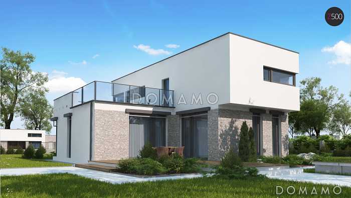 Проект современного двухэтажного дома из кирпича в стиле модерн, с террасой на втором уровне, с двухместным гаражом