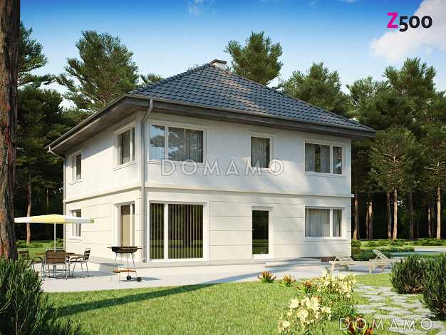 Проект современного просторного двухэтажного дома из кирпича с гаражом и террасой над ним