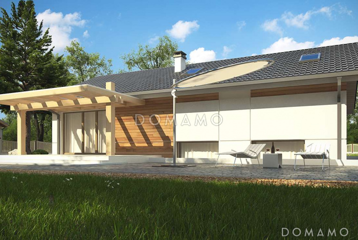 Проект аккуратного одноэтажного дома из кирпича с подземным гаражом и тренажёрным залом в подвальном помещении