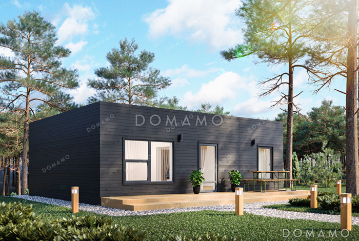 Проект маленького современного дома со стильной террасой, гостиной и кухней