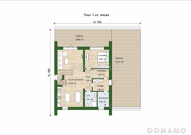 Проект двухэтажного дома в стиле барнхаус с 3 спальнями, большой гостиной и вторым светом / План 1 этажа