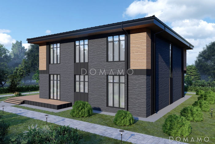 Проект дома в стиле хай-тек с 3 спальнями, большой гостиной, сауной и двухместным автонавесом