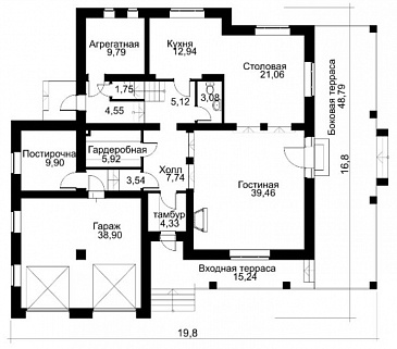 Проект коттеджа с гаражом на две машины / План 1 этажа