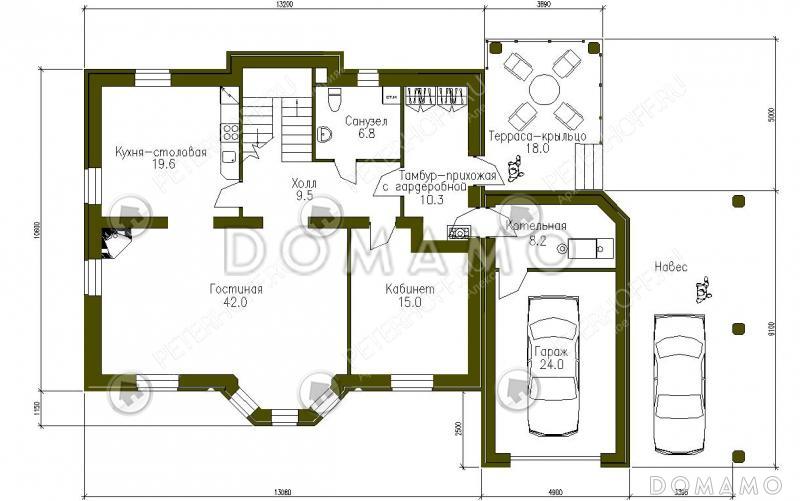 Проект коттеджа с гаражом и навесом для машины / План 1 этажа