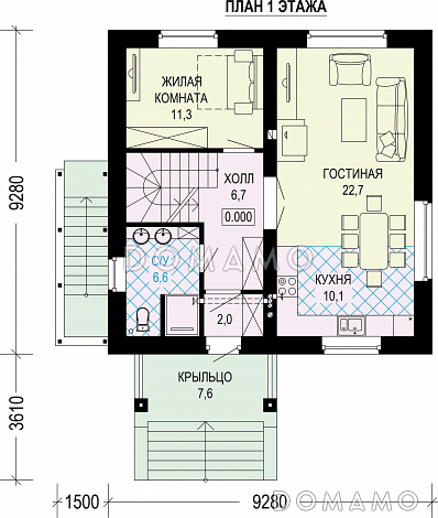 Проект загородного дома с шатровой крышей и цокольным этажом / План 1 этажа