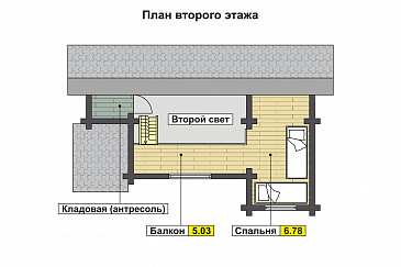 Проект узкого дома с косой крышей, кухней-гостиной, парной, спальней, балконом и вторым светом / План мансардного этажа