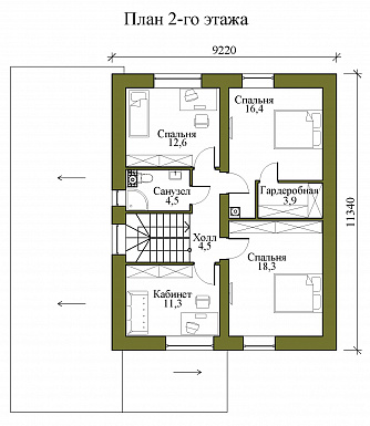 Проект двухэтажного каркасного дома с гаражом на два машиноместа, тремя спальнями и кабинетом на втором этаже / План 2 этажа