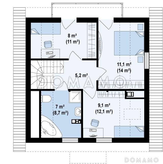 Проект одноэтажного дома из кирпича с тремя спальнями на мансардном этаже / План мансардного этажа