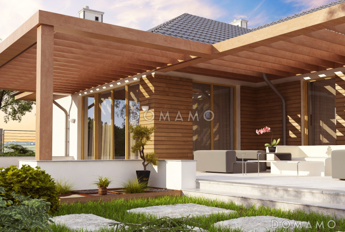 Проект одноэтажного дома из кирпича с просторной гостиной и гаражом на два автомобиля