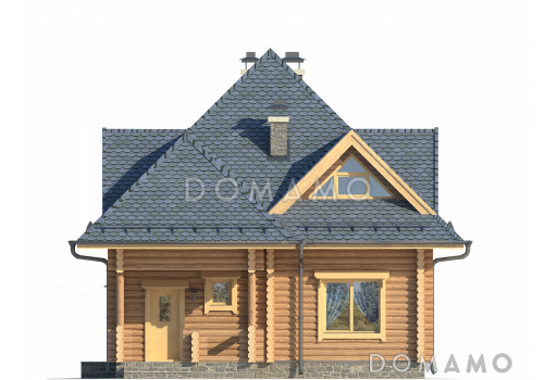 Проект одноэтажного дома из оцилиндрованного бревна с мансардой с просторной гостиной / Фасад 2