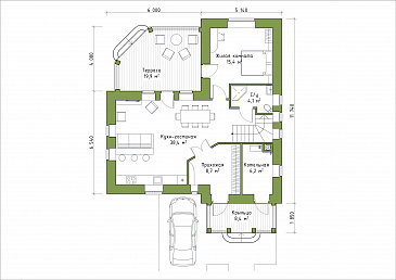 Проект углового коттеджа из СИП панелей с большой террасой / План 1 этажа