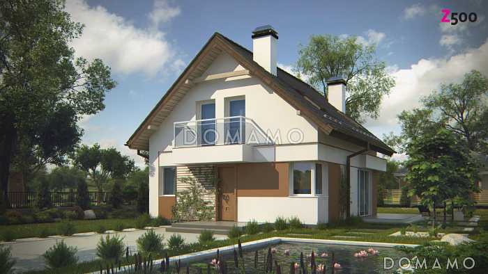 Проект классического одноэтажного мансардного дома из газобетона с эркером в столовой зоне, балконами и хозяйственным помещением