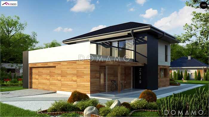 Проект современного двухэтажного коттеджа из кирпича с дополнительной комнатой на первом этаже и большим гаражом и террасой над ним 