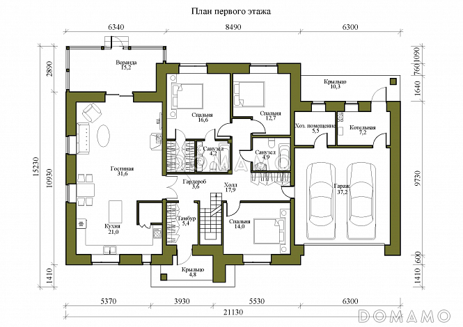 Проект одноэтажного дома с мансардой, верандой и гаражом на 2 машины / План 1 этажа