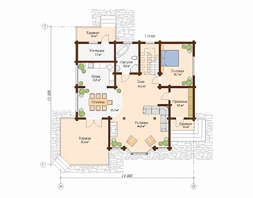 Проект дома с тремя спальнями и кабинетом / План 1 этажа