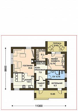 Проект небольшого одноэтажного дома из СИП панелей с гардеробной и приватной террасой / План 1 этажа