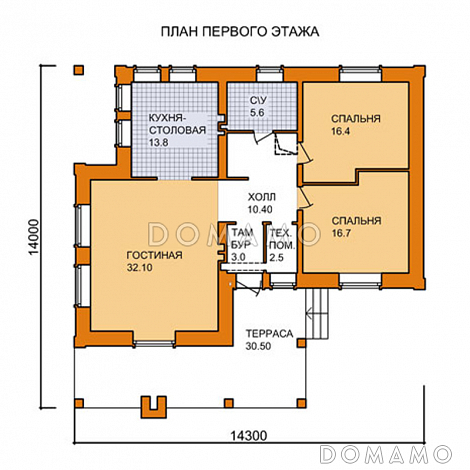 Проект одноэтажного дома с барбекю на большой террасе / План 1 этажа