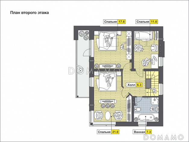 Проект частного дома из СИП панелей с навесом для автомобиля, панорамными окнами в кузне-столовой, длинным балконом на мансардном этаже / План мансардного этажа