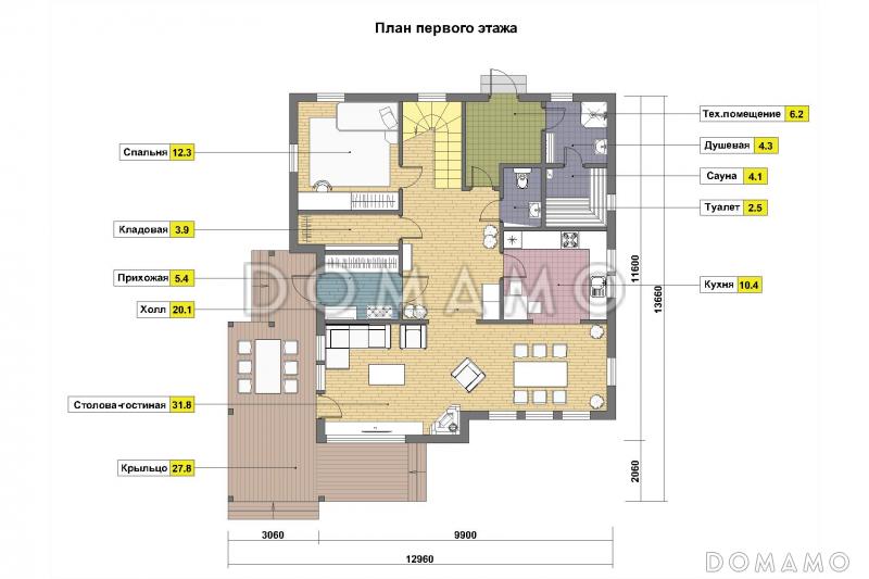 Проект каркасного дома с ванной комнатой на втором этаже / План 1 этажа