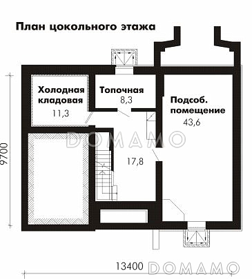 Проект дома из пеноблоков с гостевой комнатой на первом этаже и гаражом для одного автомобиля / План цокольного этажа