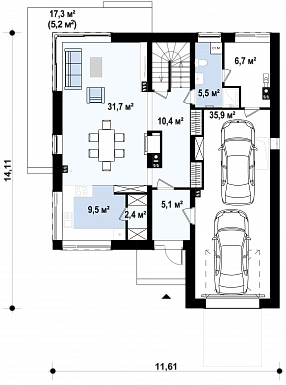 Проект двухэтажного кирпичного дома с 4 спальнями, подвалом и гаражом на 2 автомобиля / План 1 этажа
