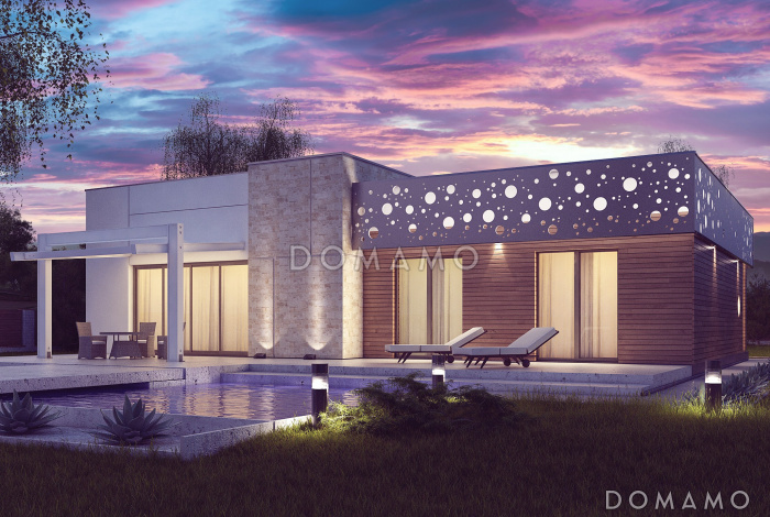 Проект современного одноэтажного дома из газобетона со светлой просторной гостиной и тремя спальнями