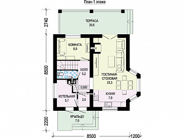 Проект одноэтажного мансардного дома из СИП панелей с тремя спальнями, кабинетом, эркером и крытой террасой / План 1 этажа