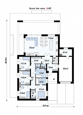 Проект современного одноэтажного дома из кирпича с плоской крышей, с четырьмя комнатами и одноместным гаражом / План 1 этажа