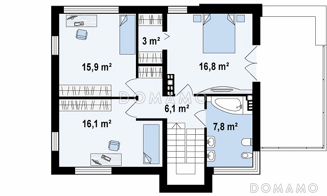 Проект современного двухэтажного дома из кирпича с техническим помещением, гаражом и открытой террасой на втором этаже / План 2 этажа