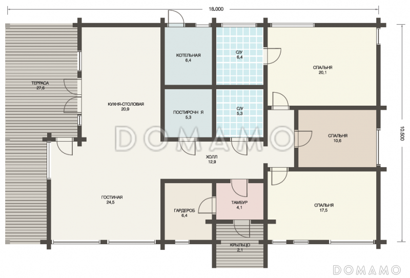 Проект одноэтажного дома из клееного бруса с отдельным входом в котельную / План 1 этажа