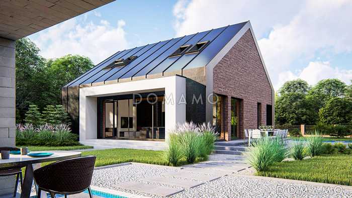 Проект дома с мансардным этажом, гаражом, кабинетом и просторной гостиной