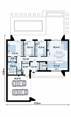 Проект современного одноэтажного углового дома из газобетона с плоской крышей, с тремя спальнями и двухместным гаражом  / План 1 этажа