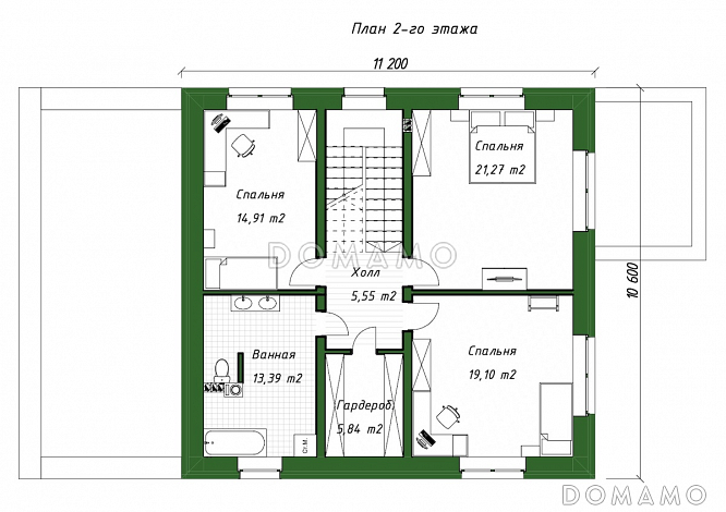 Проект двухэтажного дома из газобетона с пристроенным гаражом и верандой / План 2 этажа