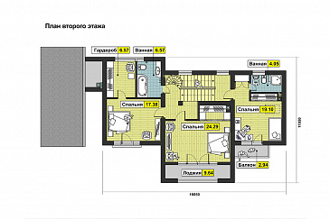 Проект дома с панорамными окнами, просторной гостиной и кухней-столовой, сауной, кабинетом на мансардном этаже, балконом и лоджией / План 2 этажа