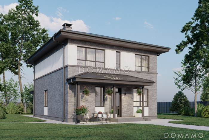 Проект двухэтажного газобетонного дома с крытой террасой и четырьмя спальнями на втором этаже