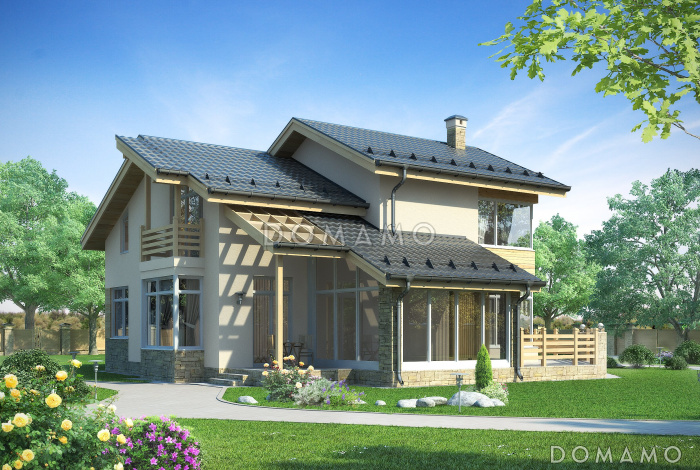 Проект дома с большой открытой террасой, зимним садом, гостиной с камином, кухней с эркером, спальней на первом этаже, вторым светом, балконом