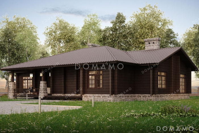 Проект одноэтажного дома с террасой, окнами в пол, 3 спальнями и кухней-гостиной