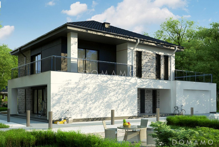 Проект двухэтажного дома из газобетона с гаражом и террасой на втором уровне по периметру дома