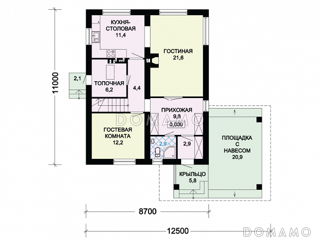 Проект загородного дома из СИП панелей с мансардой и навесом для машины / План 1 этажа