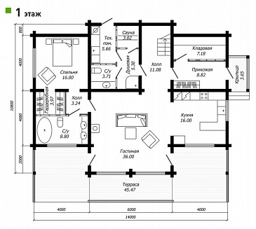 Проект дома из клееного бруса для большой семьи / План 1 этажа
