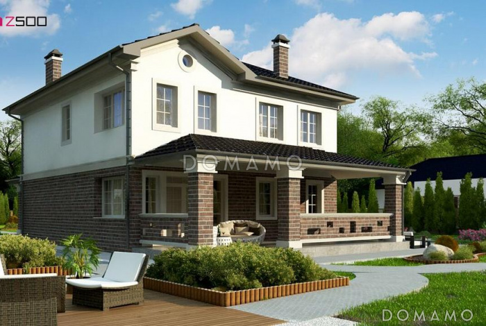 Проект двухэтажного дома с большой гостиной, крытой террасой, кладовой в кухне, спальней на первом этаже